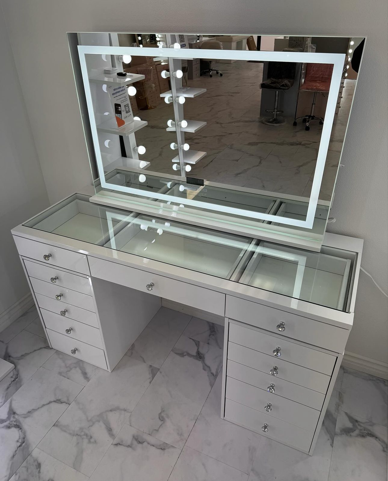 13 Drawer Glass Top Vanity with LED Strip Dimmable Mirror
