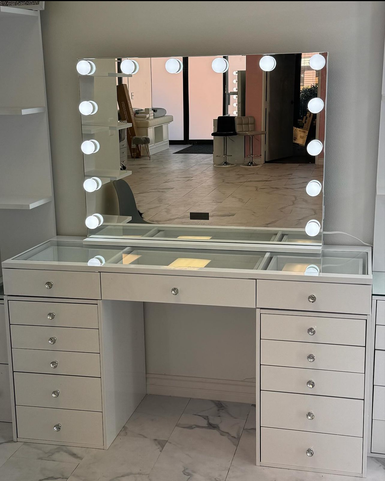 13 Drawer Glass Top Vanity with LED Dimmable Mirror
