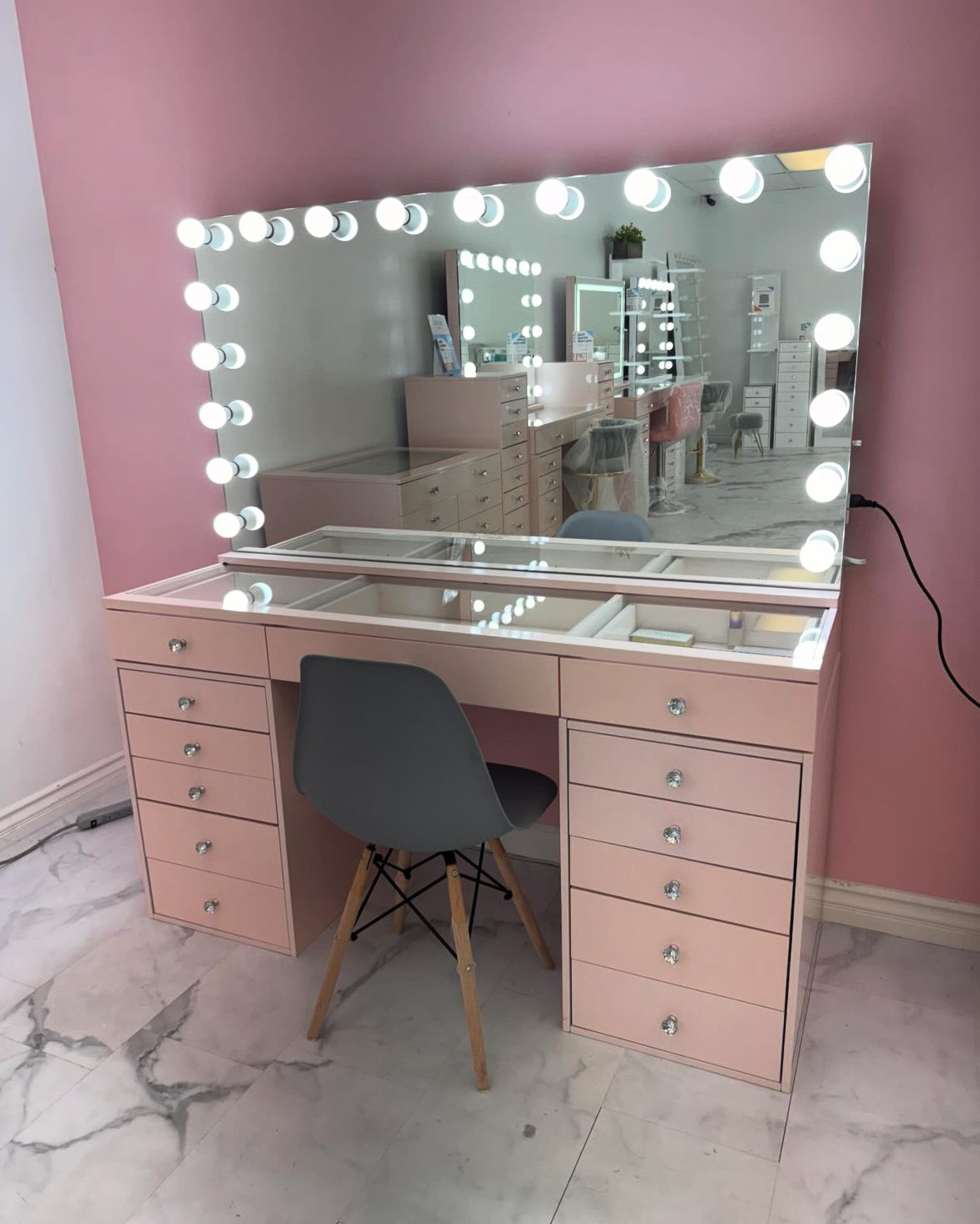 13 Drawer Glass Top Vanity with Large LED Dimmable Mirror