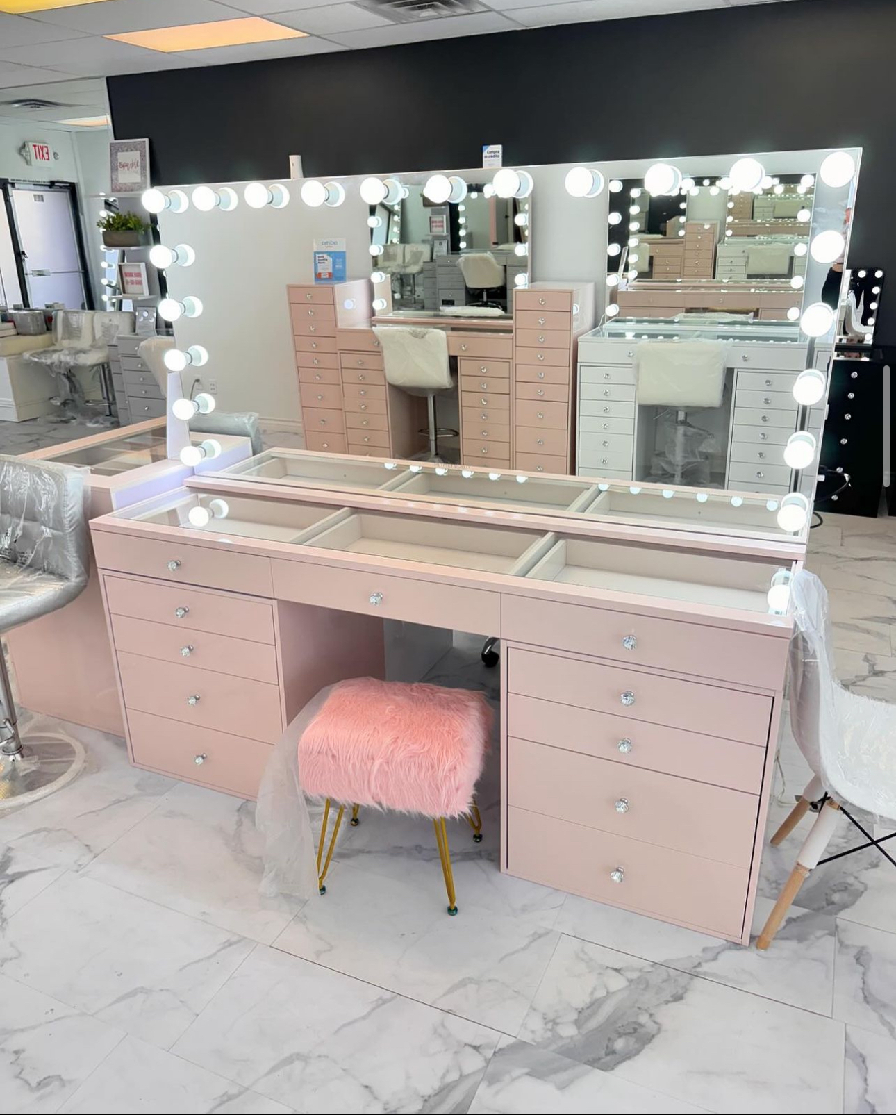 11 Drawer Glass Top Vanity with LED Dimmable Mirror